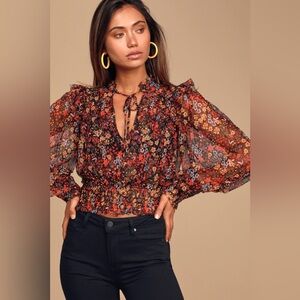 Free People Twyla Sheer Black Floral Print Smocked Long Sleeve Crop Top